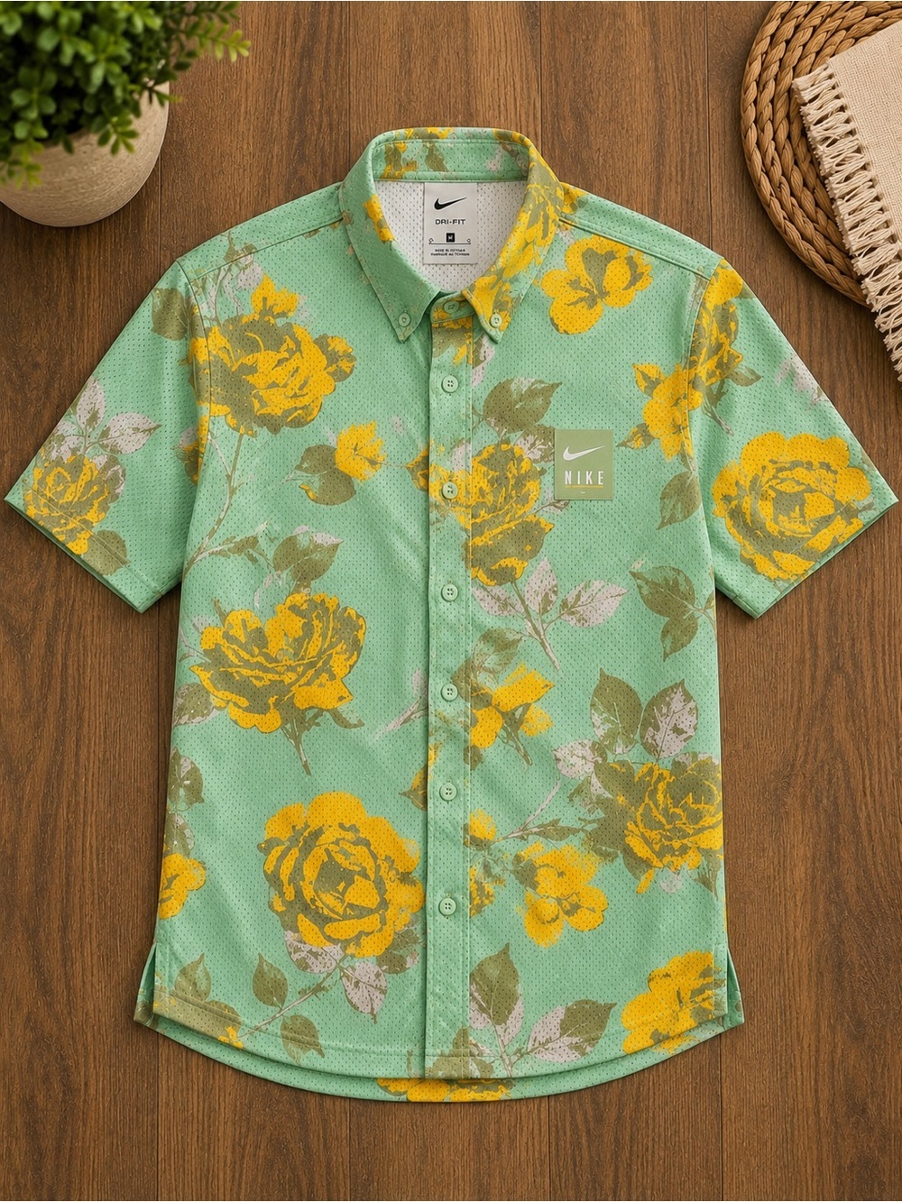 Nike Sportswear Dri Fit Mint Green Polo with Yellow Floral Print